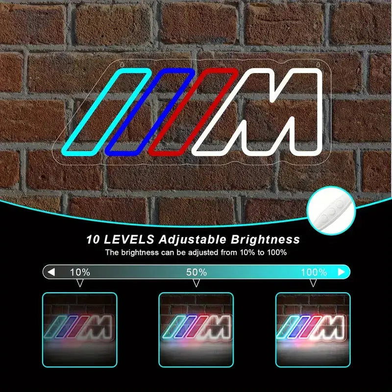 Neon sign with BMW M logo on a brick wall background, adjustable brightness feature shown.