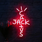 Neon sign with 'C Jack Us' on a brick wall