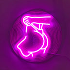 Neon sign of a hand holding a phone on a purple background