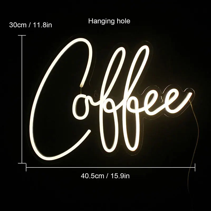 Neon sign with 'Coffee' text on a black background, showing dimensions.