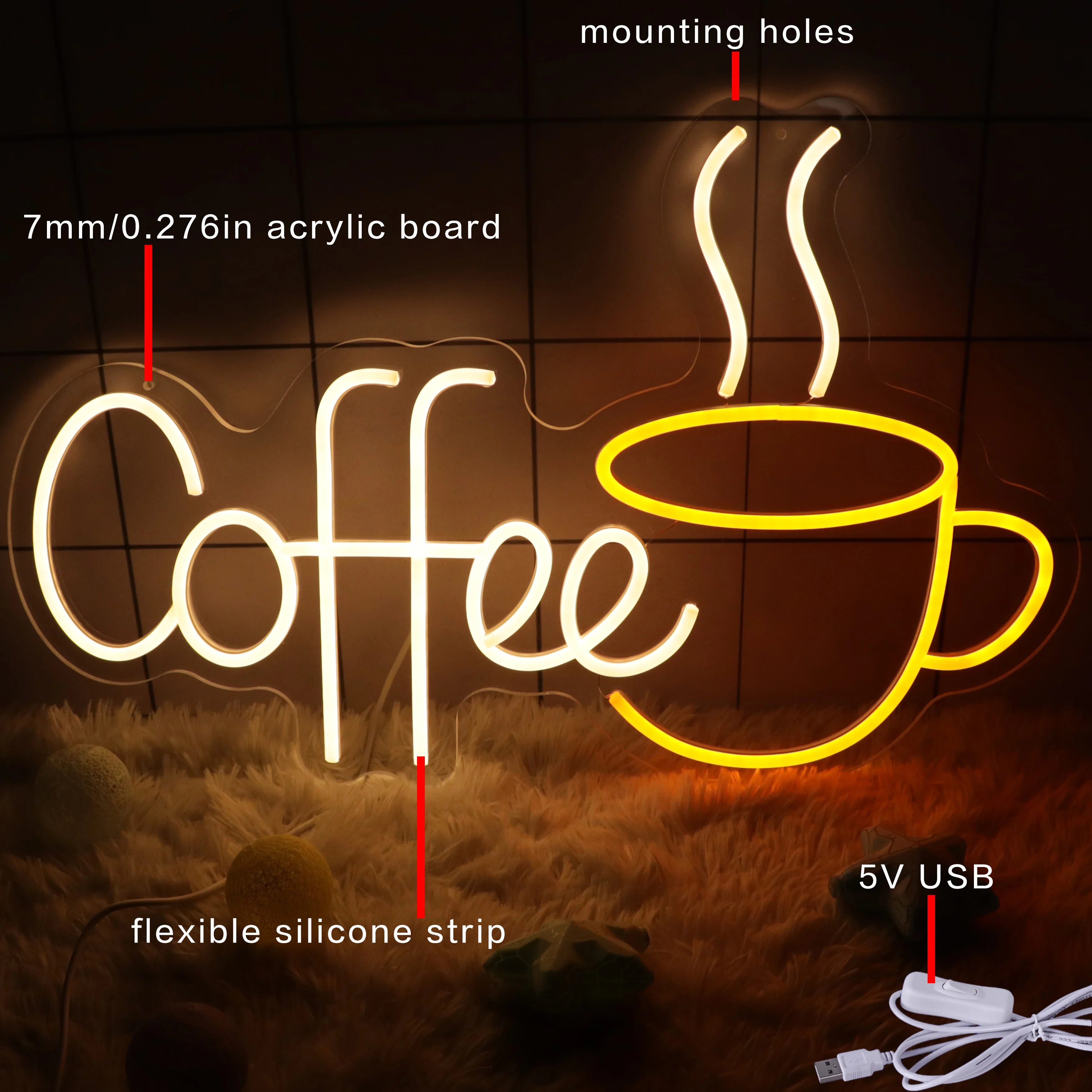 Neon sign with 'Coffee' text and cup design, showing components like acrylic board and USB cable.