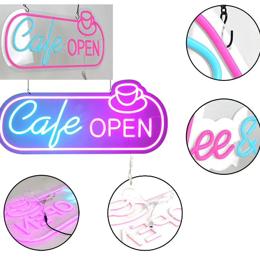 Neon sign with 'Cafe Open' text and close-up details on a white background