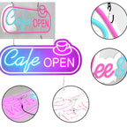 Neon sign with 'Cafe Open' text and close-up details on a white background