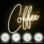 Neon sign with 'Coffee' text on a dark background