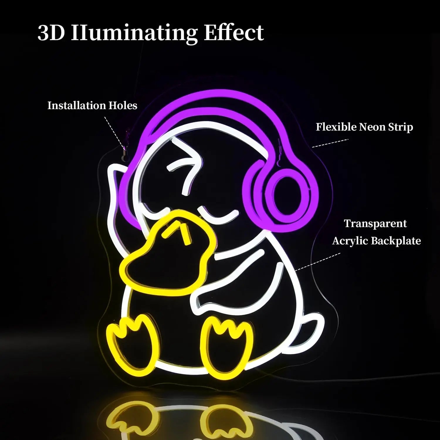 Neon sign of a cartoon character with headphones and duck beak, labeled for 3D illuminating effect components.
