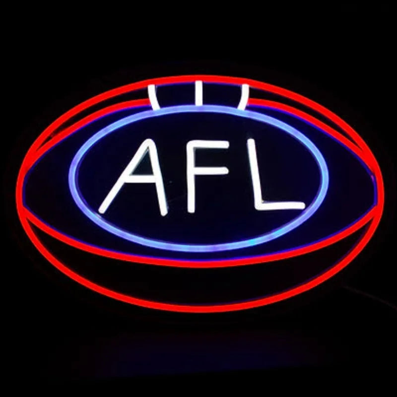 Neon sign of an Australian football with 'AFL' text on a black background