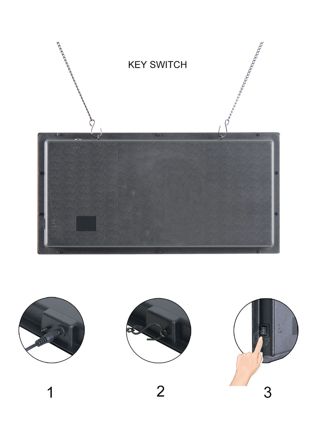Black rectangular key switch panel with labeled parts and usage illustrations on a white background.