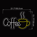 Neon sign with 'Coffee' text and cup design, dimensions indicated.