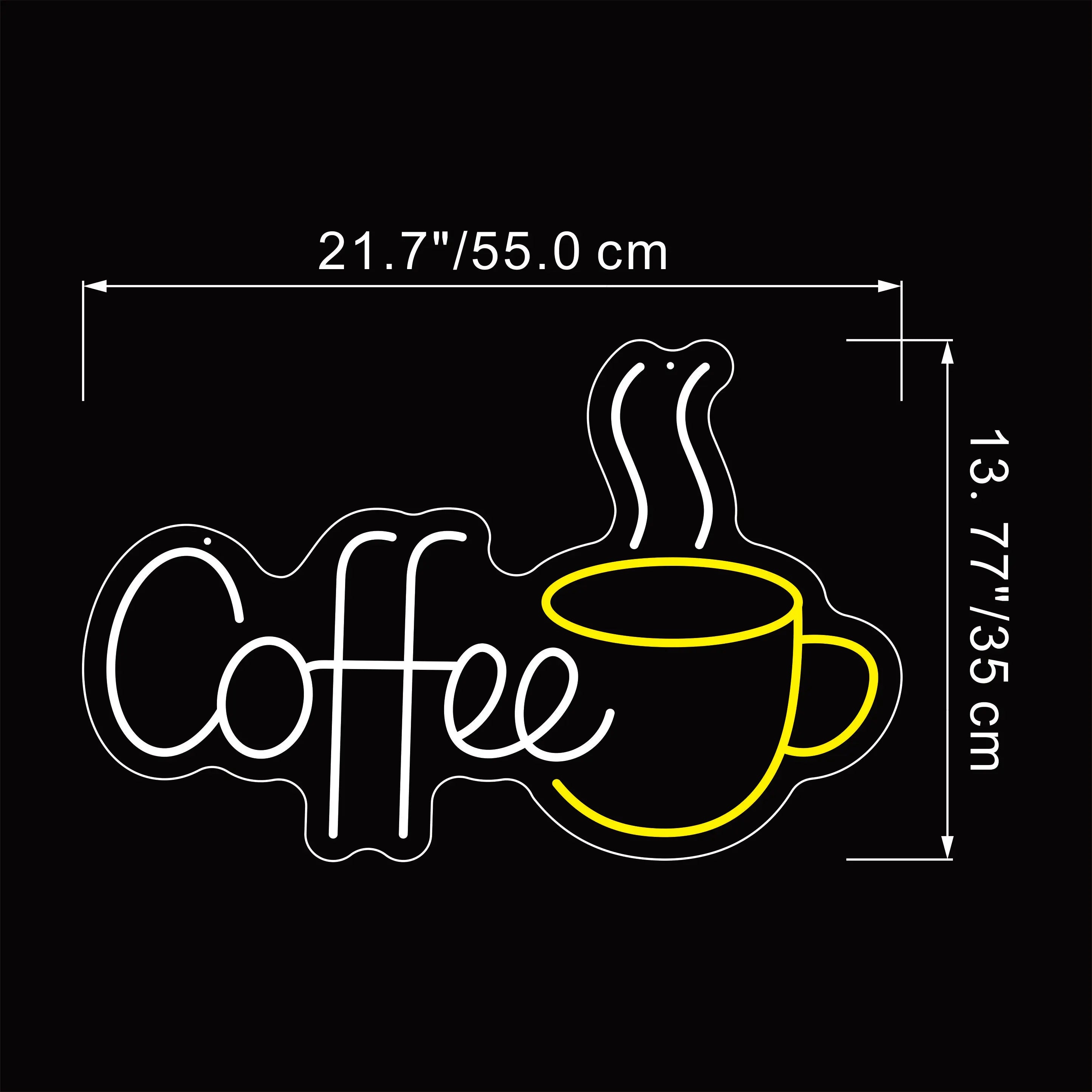 Neon sign with 'Coffee' text and cup design, dimensions indicated.