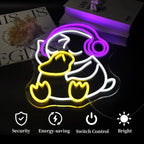 Neon sign of a cartoon character with features highlighted on a dark background