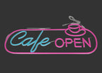 Neon sign with 'Cafe Open' text on a gray background