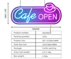 Neon sign with 'Cafe Open' text and dimensions on a white background
