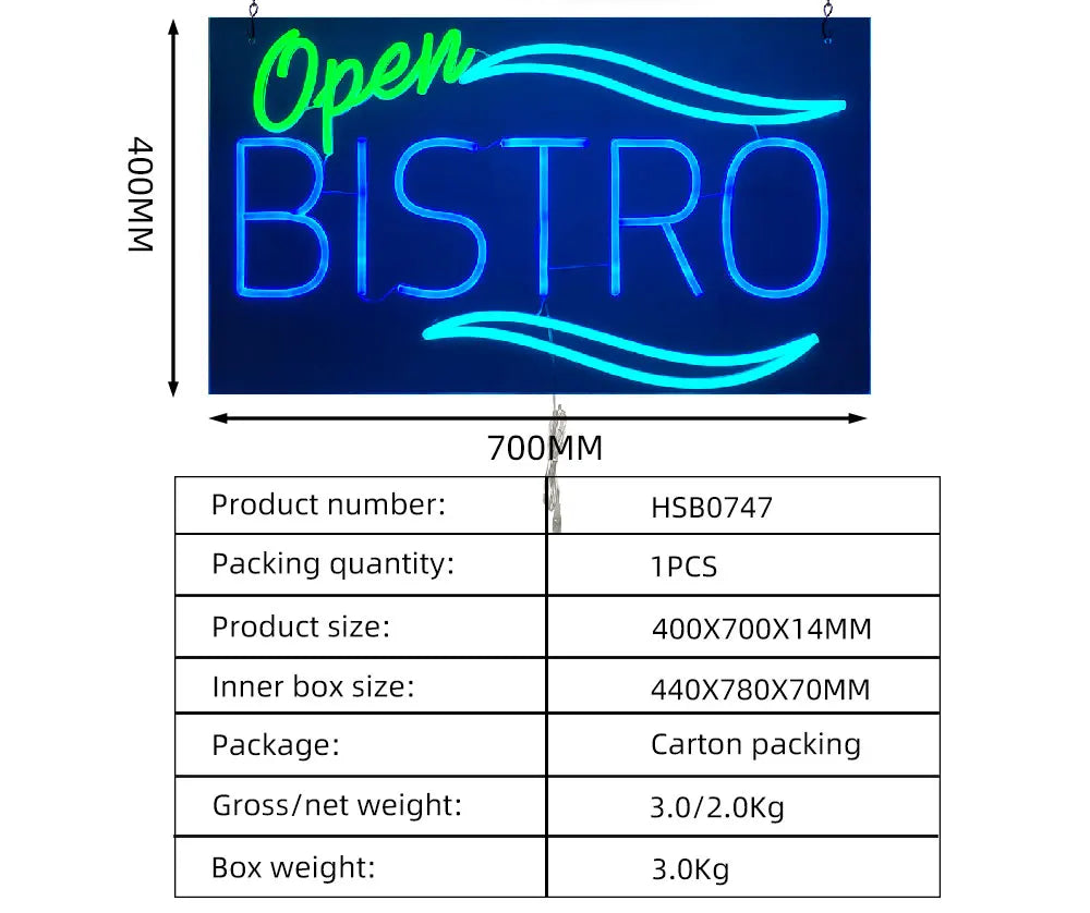 Neon sign with 'Open Bistro' text, dimensions, and product information table.