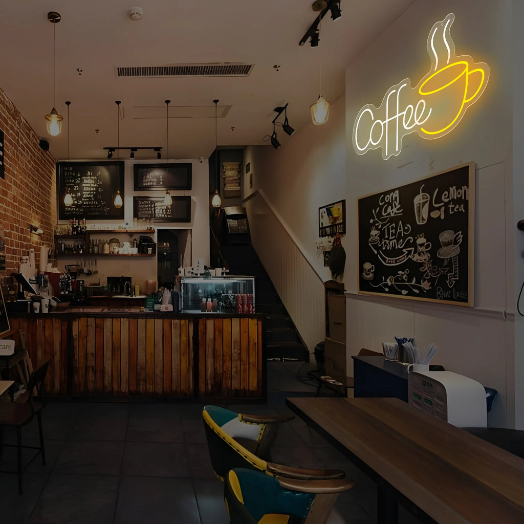 Neon coffee sign in a cozy cafe interior with wooden counter and chairs.