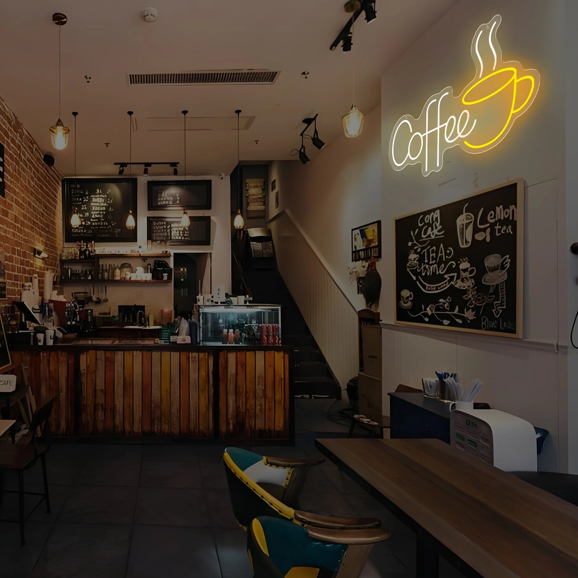 Neon coffee sign in a cozy cafe interior with wooden counter and chairs.