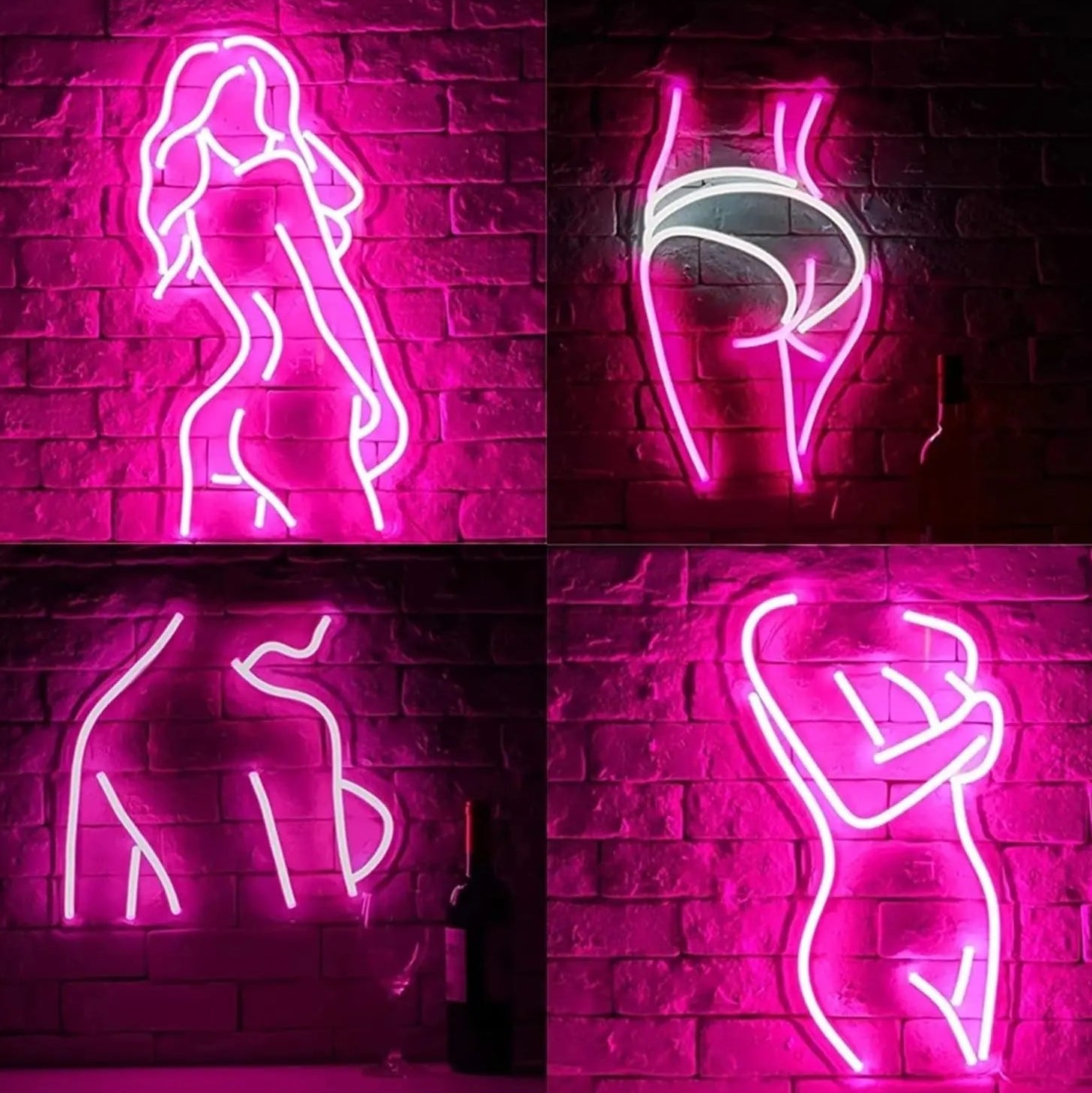 Four neon signs of women in various poses on a brick wall background.
