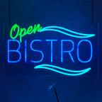 Neon sign with 'Open Bistro' text on a dark background