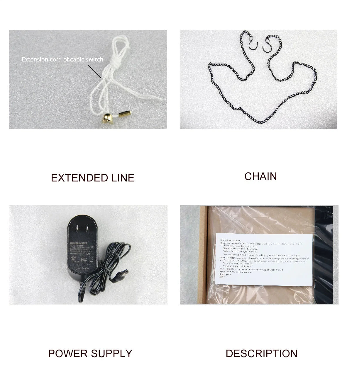 Product details including an extended line, chain, power supply, and description on a white background.
