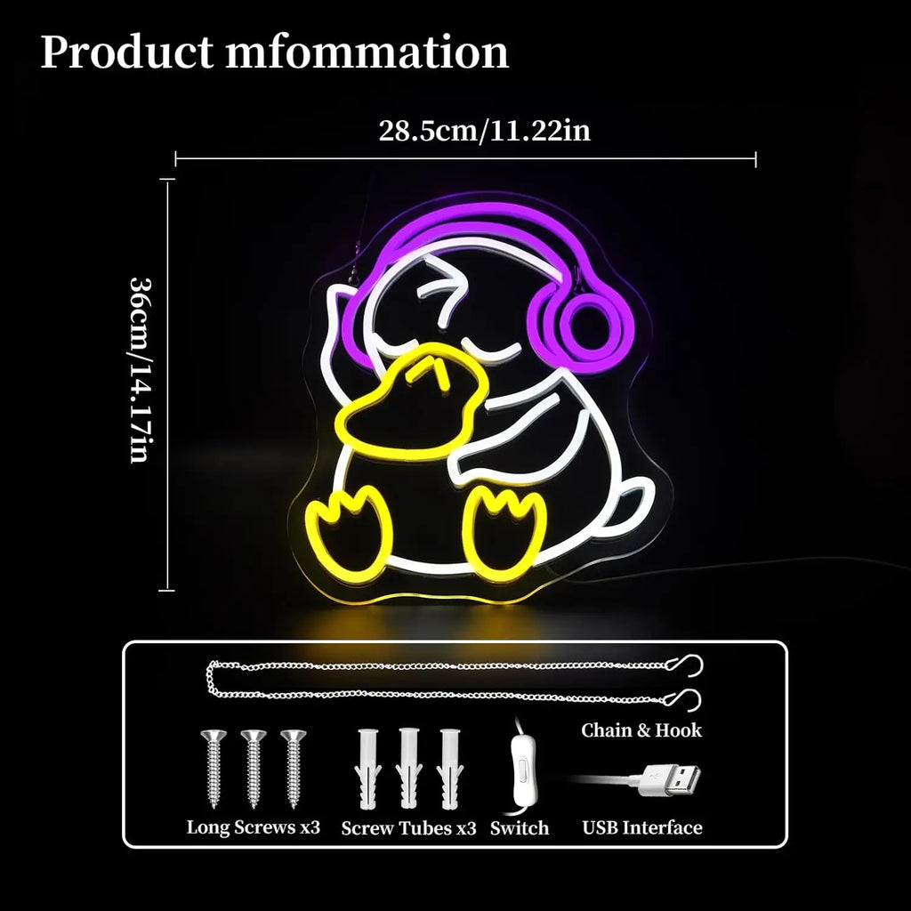 Neon sign of a duck wearing headphones with dimensions and assembly parts displayed.