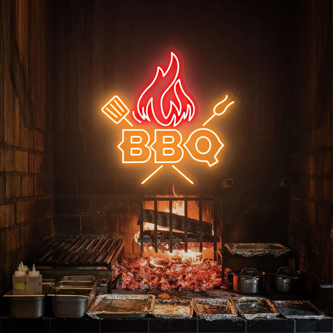 Neon BBQ sign over a fireplace with cooking equipment.