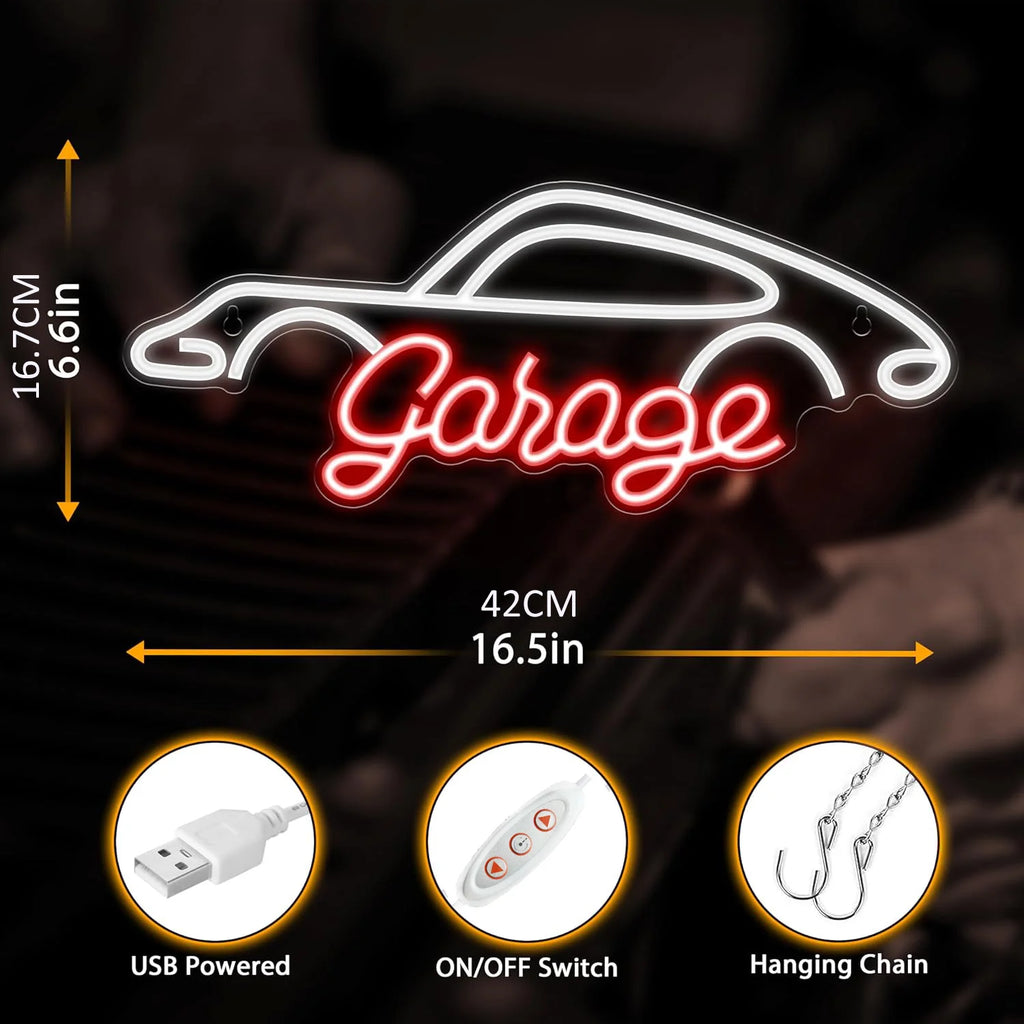 Neon sign shaped like a car with 'Garage' text, showing dimensions and features on a dark background.