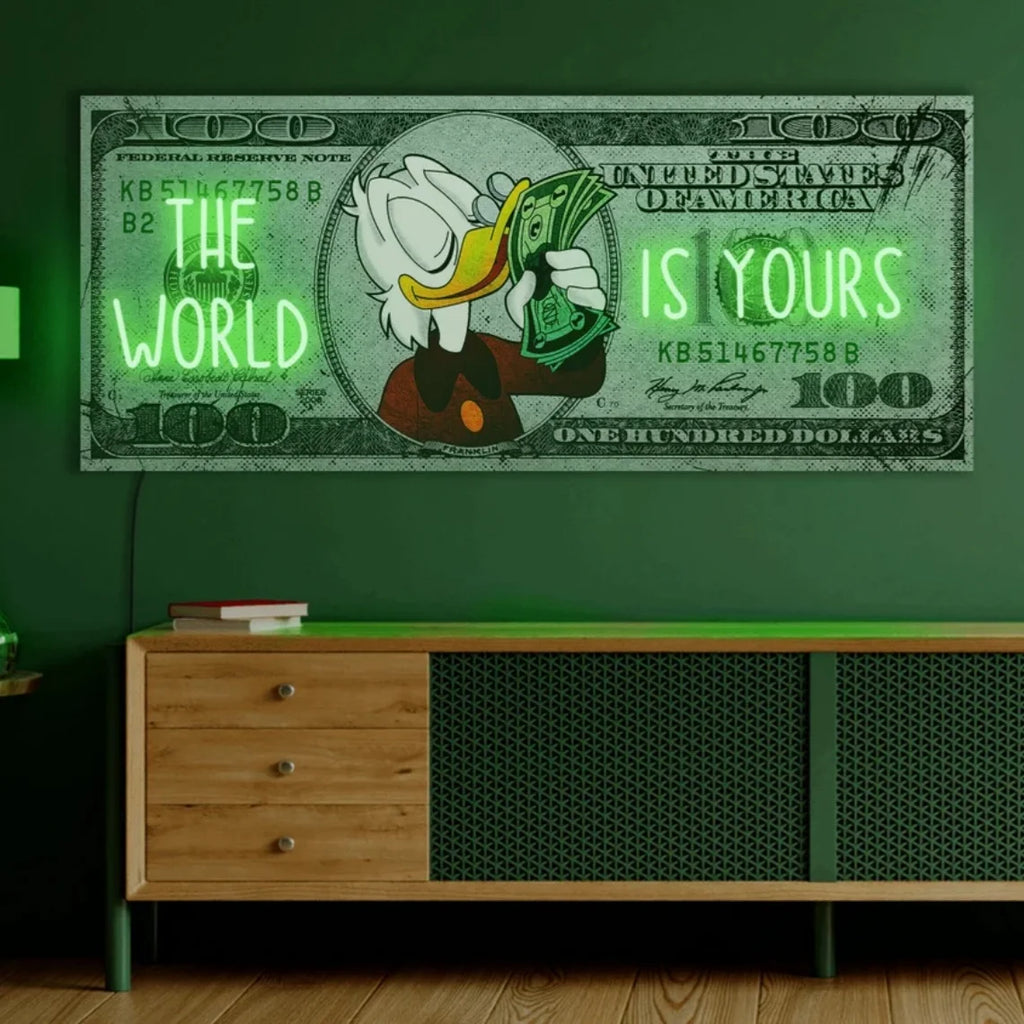 Cartoon character holding money with text 'The World is Yours' on a green wall above a wooden cabinet.