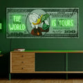 Cartoon character holding money with text 'The World is Yours' on a green wall above a wooden cabinet.