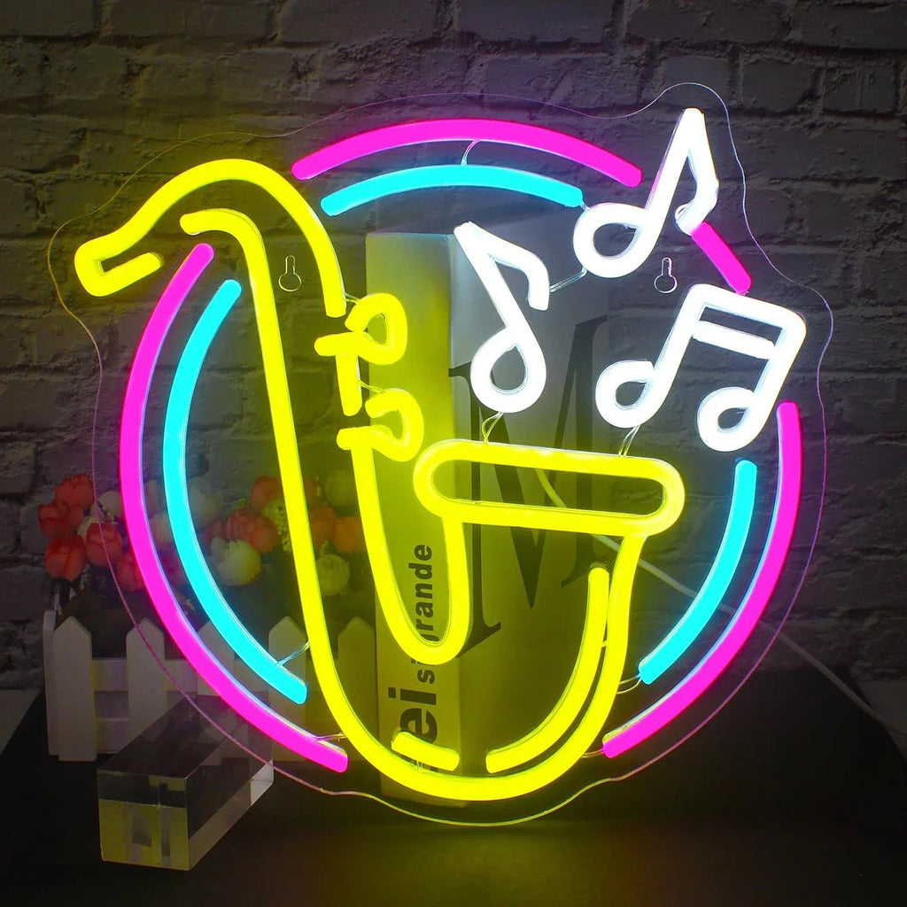 Neon saxophone sign with musical notes on a brick wall background