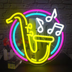 Neon saxophone sign with musical notes on a brick wall background