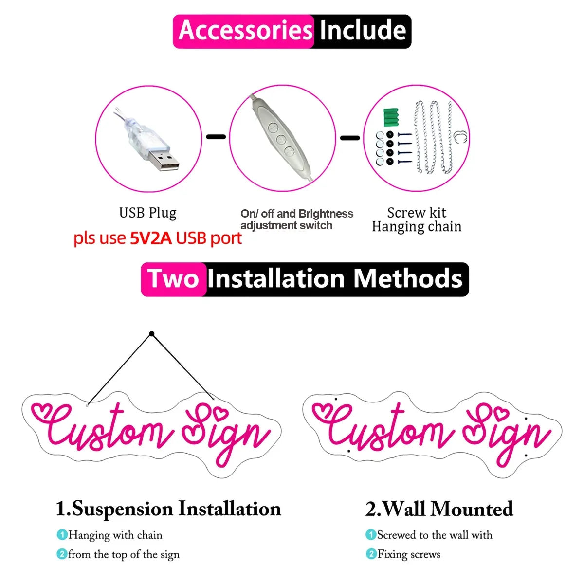 Product features and installation methods with icons and text on a white background