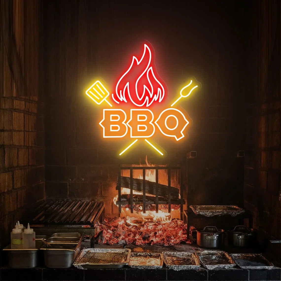 Neon BBQ sign with flames and spatulas over a fireplace setup.