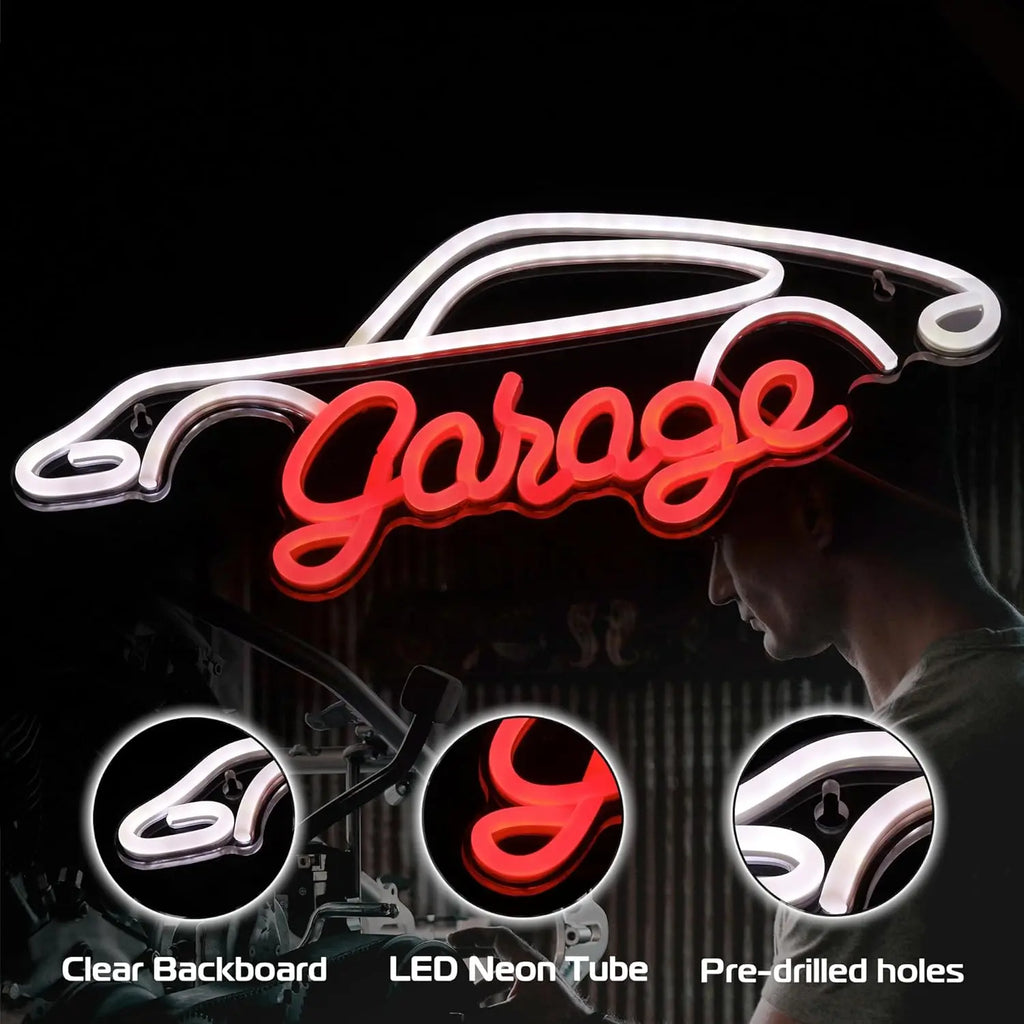 Neon sign shaped like a car with 'Garage' text, featuring clear backboard, LED neon tube, and pre-drilled holes on a black background.