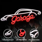 Neon sign shaped like a car with 'Garage' text, featuring clear backboard, LED neon tube, and pre-drilled holes on a black background.