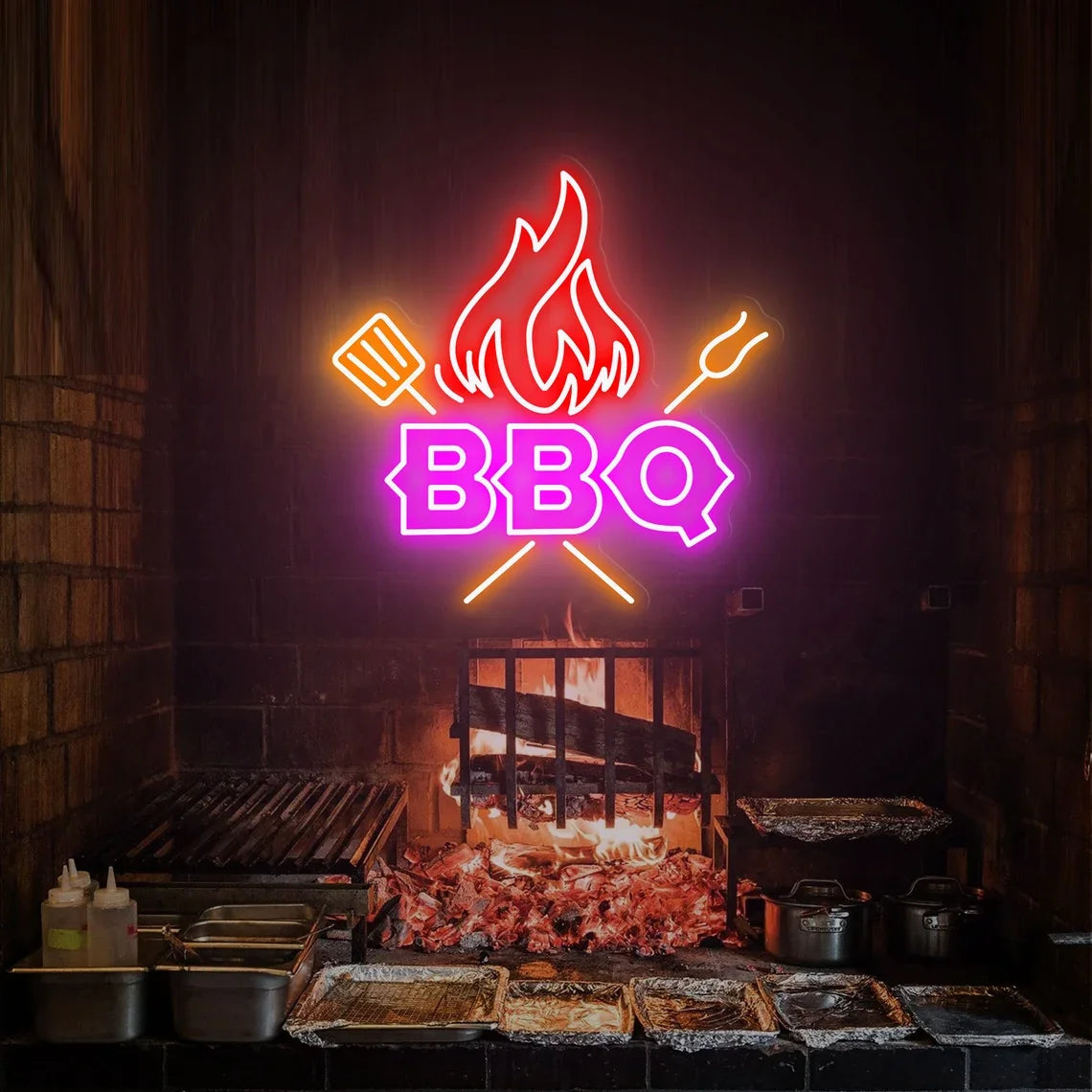 Neon BBQ sign in front of a lit barbecue grill with flames.