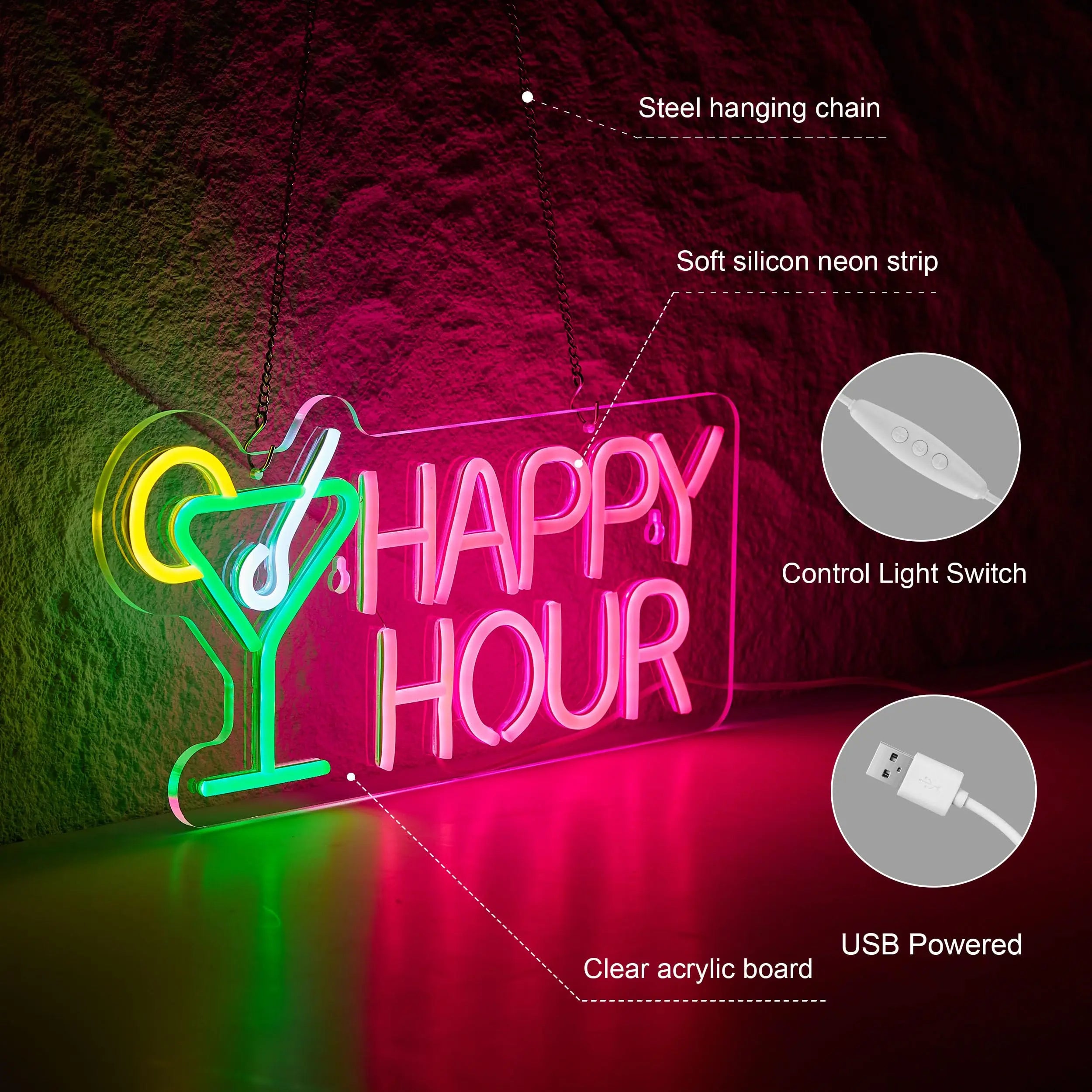 Cocktails Happy Hour Neon Sign