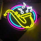 Neon sign with a saxophone and musical notes on a dark background