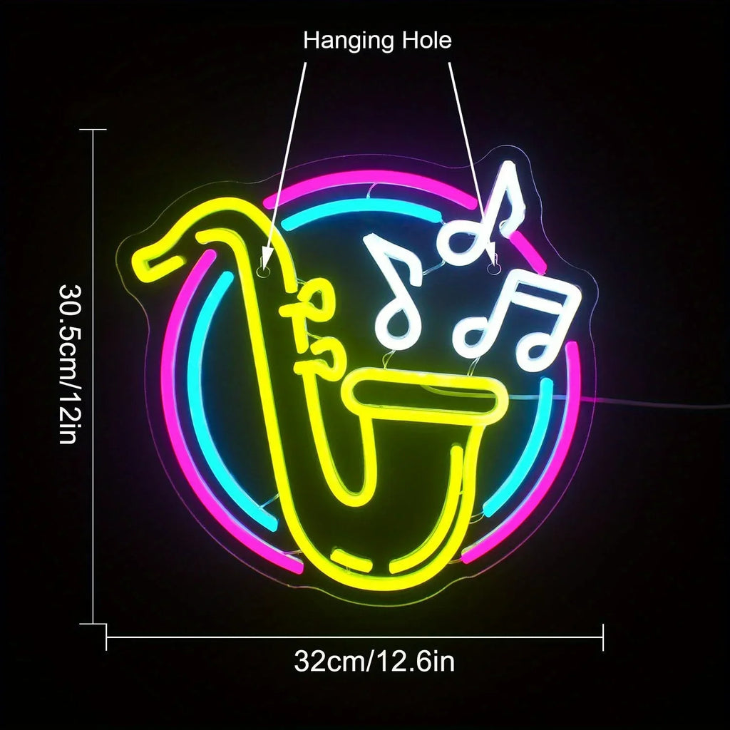 Neon saxophone sign with dimensions and hanging hole indication on a black background