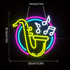 Neon saxophone sign with dimensions and hanging hole indication on a black background