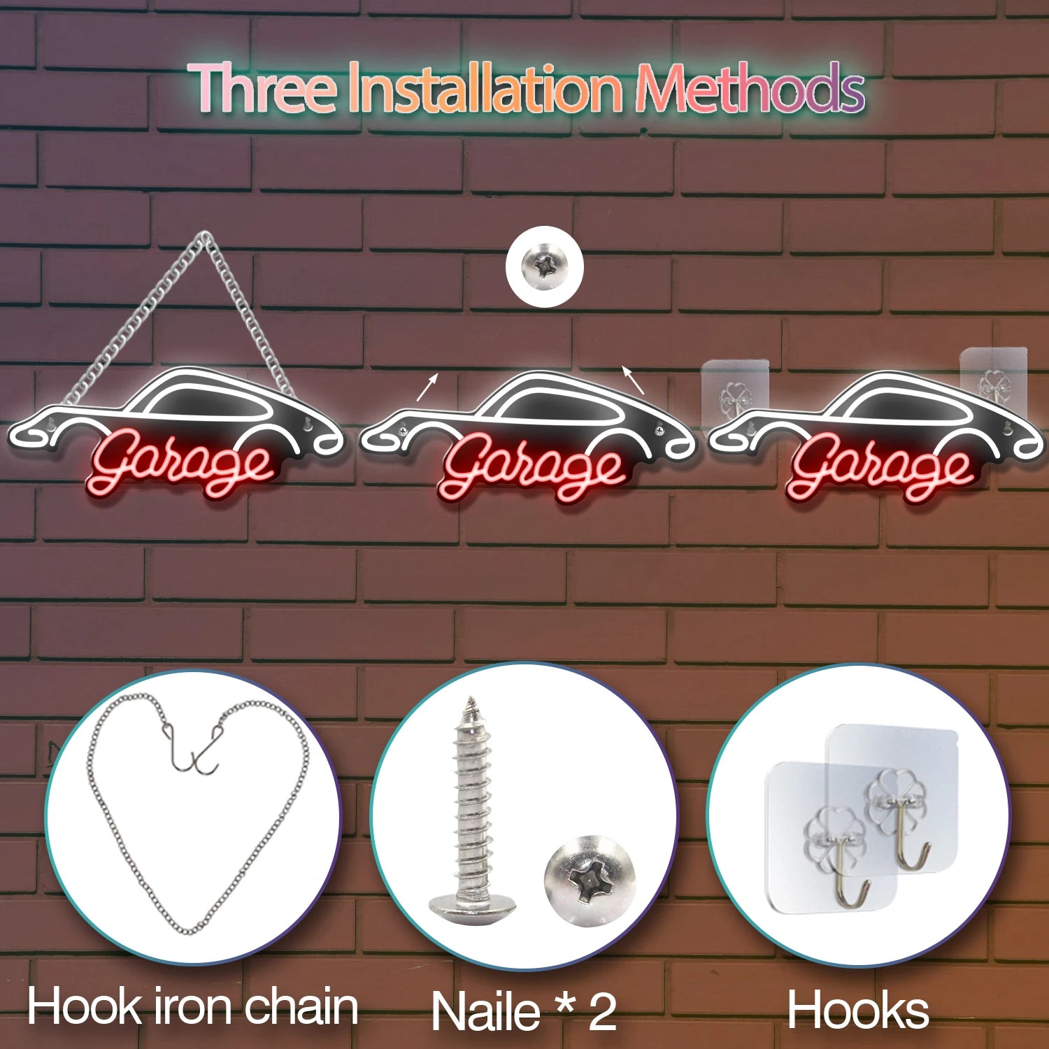 Three installation methods for a 'Garage' sign on a brick wall background.