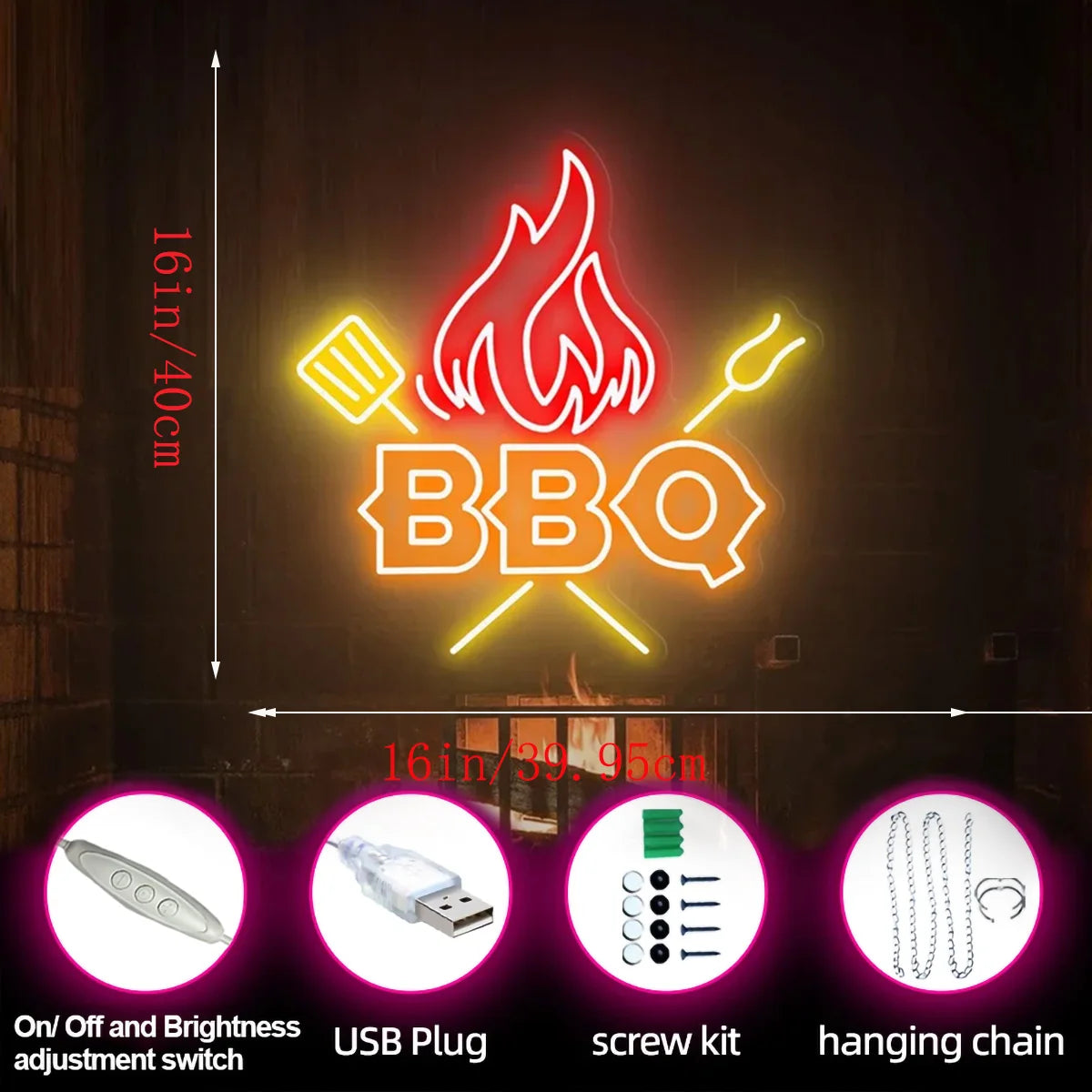 Neon BBQ sign with measurements and accessories on a dark background
