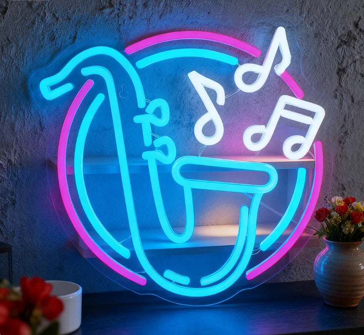 Neon sign with musical notes and a letter 'G' on a textured wall.
