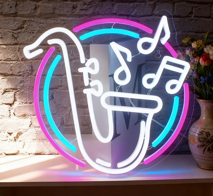 Neon saxophone sign with musical notes on a brick wall background