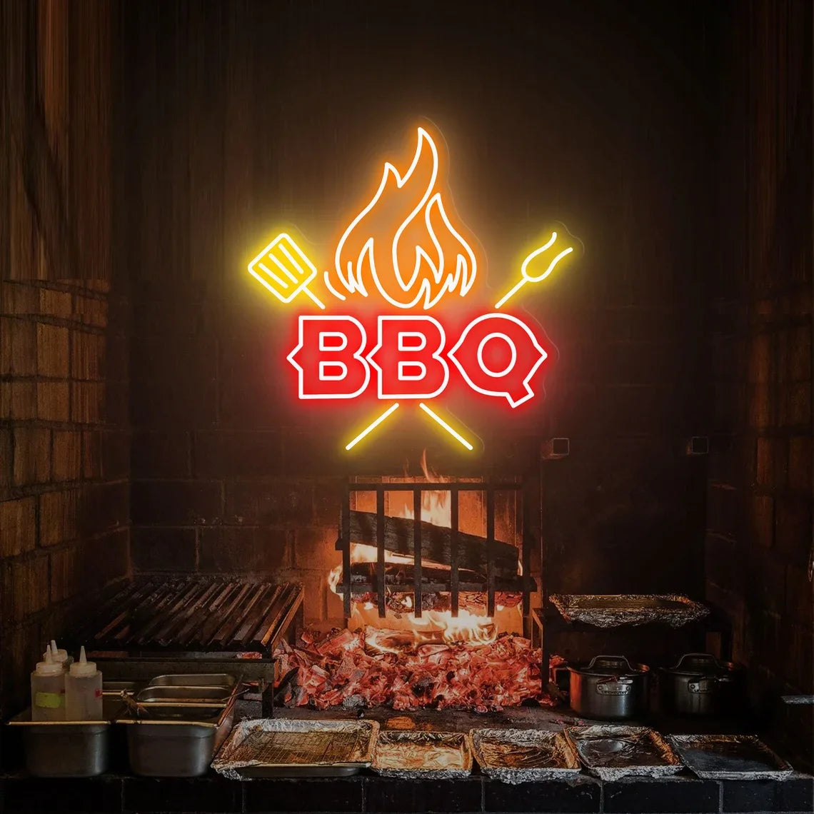 Neon BBQ sign with flames and spatulas over a grill with fire.