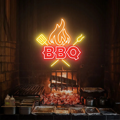 Neon BBQ sign with flames and spatulas over a grill with fire.